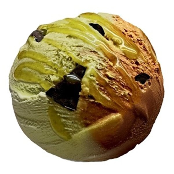 A scoop of chocolate gelato with chocolate chunks and a drizzle of sauce on top.