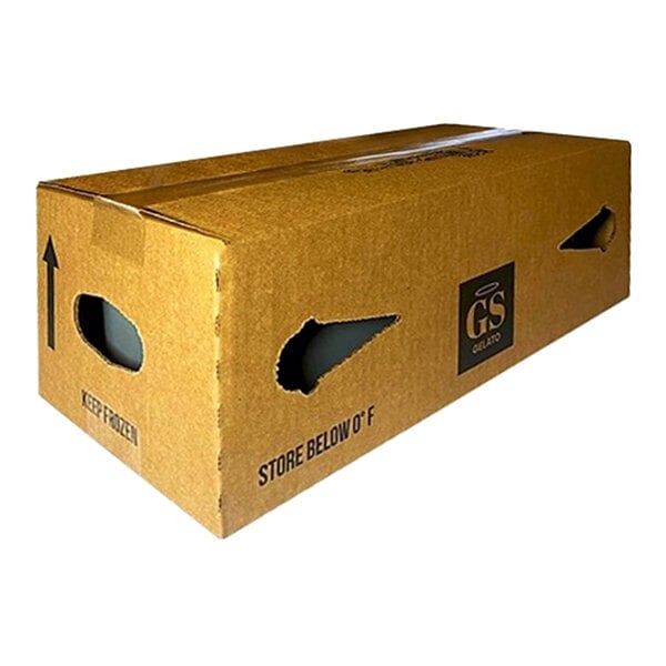 A large brown cardboard box labeled GS Gelato, used for storing a 5-liter container of Dubai Chocolate Gelato.