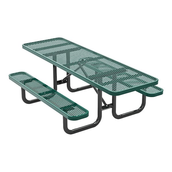 An 8-foot green expanded metal picnic table with attached benches and ADA accessibility features.