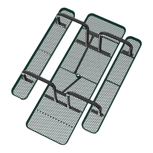 An 8-foot green expanded metal picnic table with attached benches and ADA accessibility features.