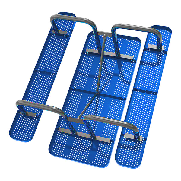 A 6-foot blue perforated metal picnic table with attached benches and metal frame.