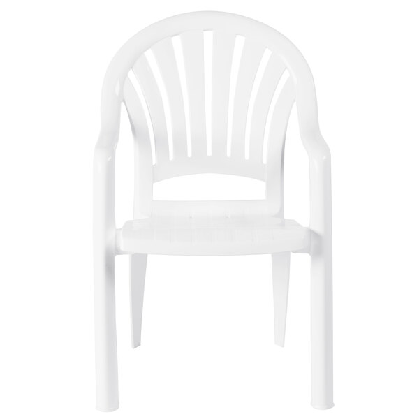 A case of white Grosfillex fanback stacking armchairs.