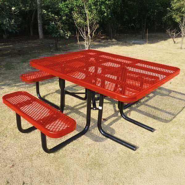 A square red expanded metal picnic table with attached benches and black metal legs, designed for outdoor use.