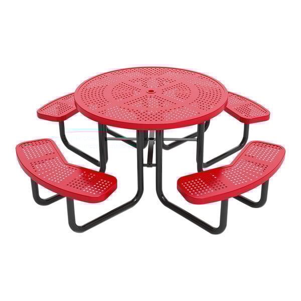A round red perforated metal picnic table with attached curved benches and black metal legs.