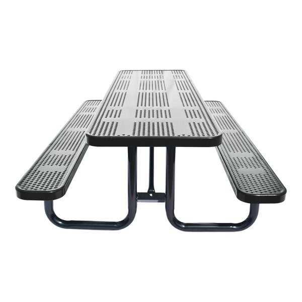 An 8-foot black perforated metal picnic table with attached benches.