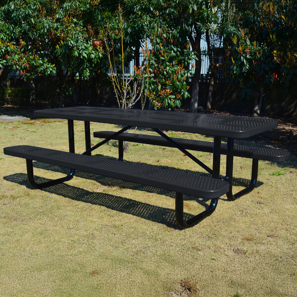 An 8-foot black perforated metal picnic table with attached benches, designed for outdoor use.