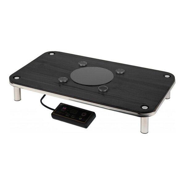 A rectangular black induction warmer with a magnetic platform, stand, and attached control panel.