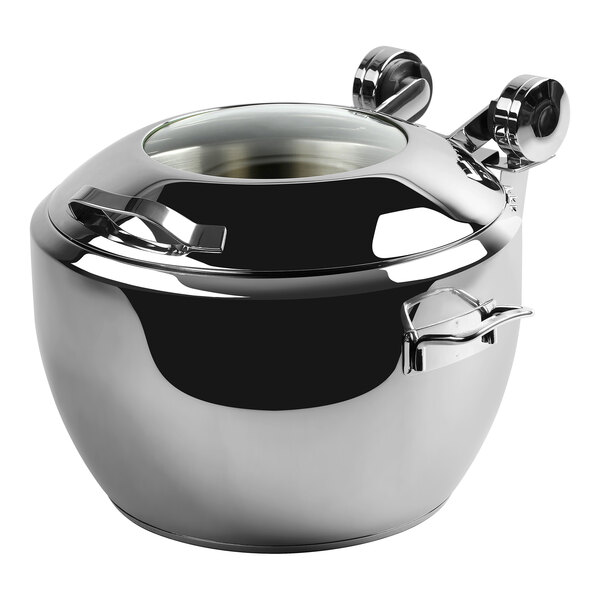 A stainless steel 10.5 quart soup chafer urn with a glass lid and side handles.