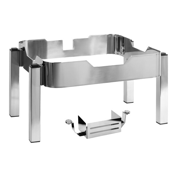 A stainless steel stackable buffet stand designed for use with specific chafing dish models.