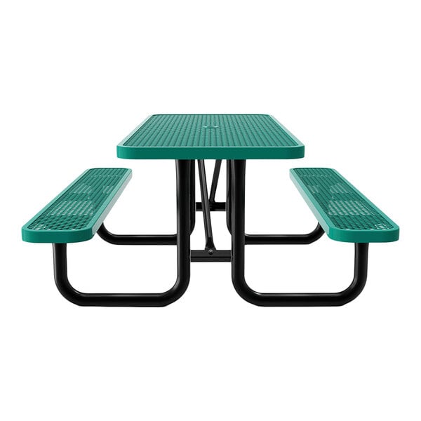 A green expanded metal picnic table with attached benches and black metal legs.