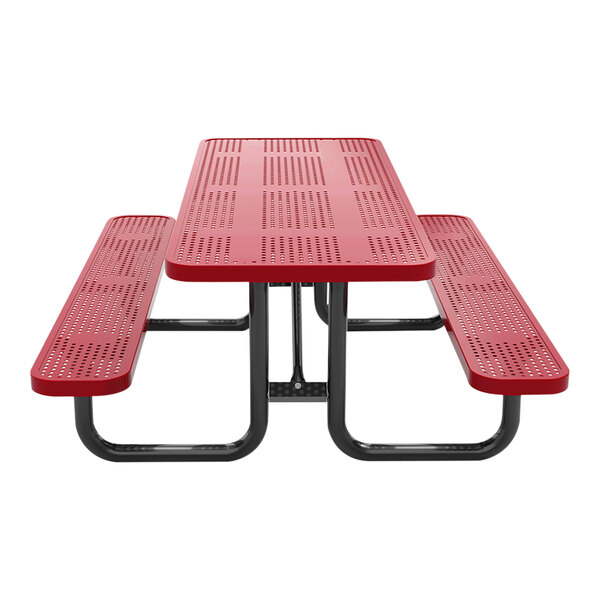 A 6-foot red perforated metal picnic table with attached benches and black metal legs.
