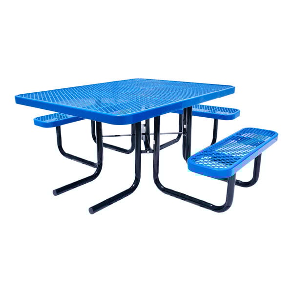 A square blue expanded metal picnic table with attached benches and black metal legs.