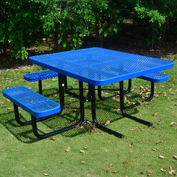 A blue square expanded metal picnic table with attached benches and black metal legs, designed for outdoor use.