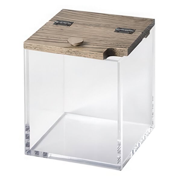 Smart Buffet Ware T-Collection by Front of the House 5" x 5" x 6 3/4" Acrylic Dry Food Holder with Wooden Lid