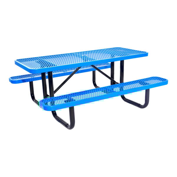 A blue expanded metal picnic table with attached benches and black metal legs.