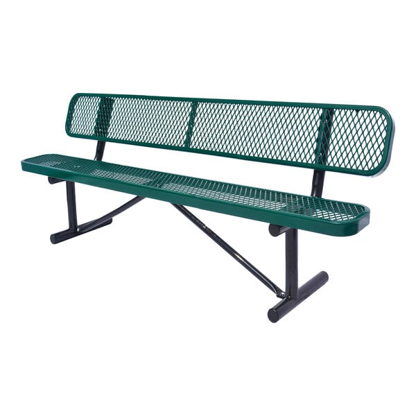 A green 6-foot expanded metal bench with a backrest and black metal legs.