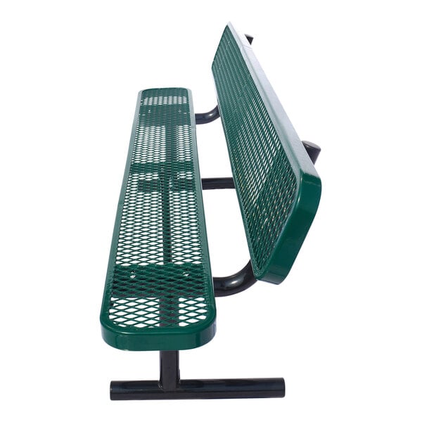 A green expanded metal bench with a backrest and black metal legs.