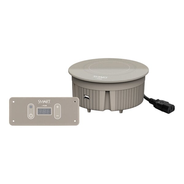 A round stone induction warmer with a digital control panel and power cord.