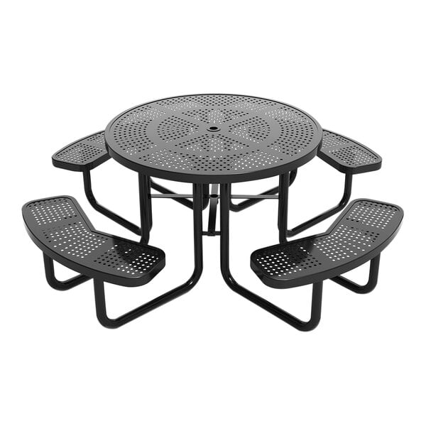 A round black perforated metal picnic table with attached curved benches.