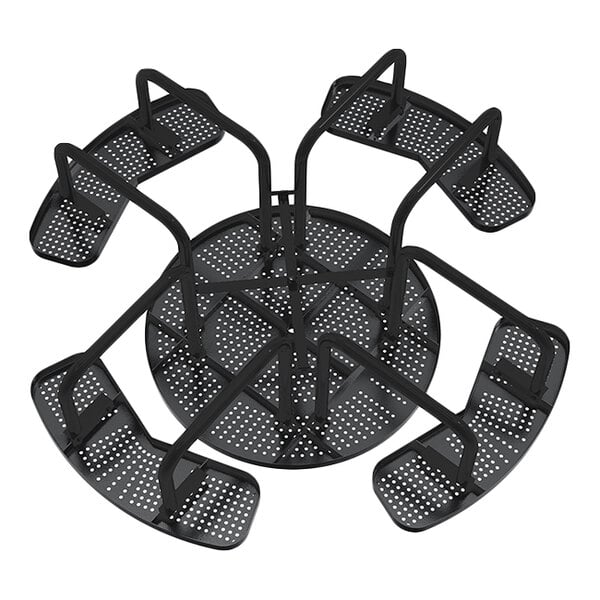 A round black perforated metal picnic table with attached curved benches.