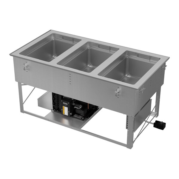 A three-well modular drop-in hot and cold food well with an auto manifold drain, designed for commercial food service use.