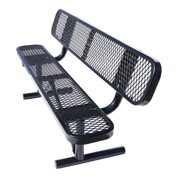 A 6-foot black expanded metal bench with a backrest and sturdy frame.