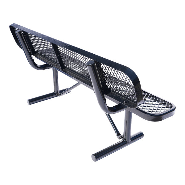 A 6-foot black expanded metal bench with a backrest and sturdy metal legs.