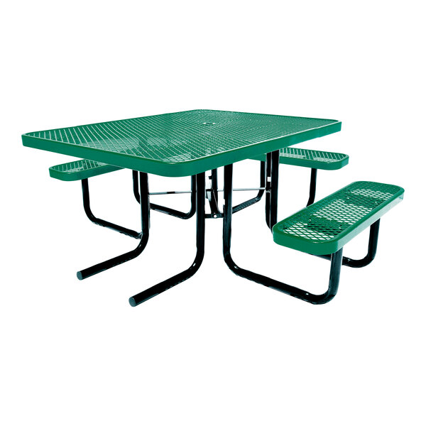 A green square expanded metal picnic table with attached benches and black metal legs.