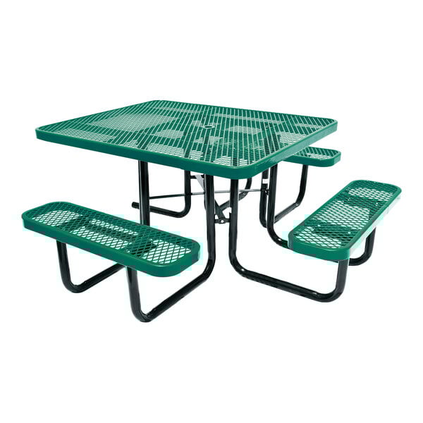 A square green expanded metal picnic table with attached benches and ADA accessibility features.