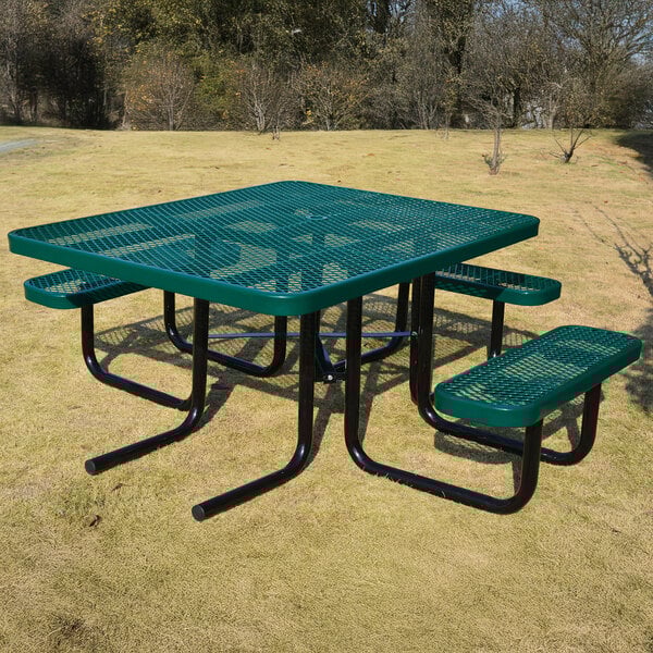 A green square metal picnic table with attached benches and black legs, designed for outdoor use.