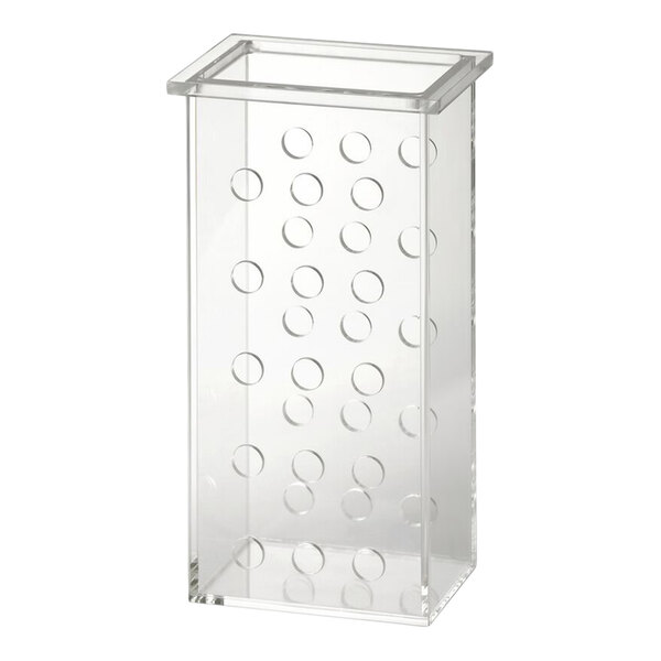 A clear rectangular acrylic infuser with circular holes on its sides, designed for use with a beverage dispenser.