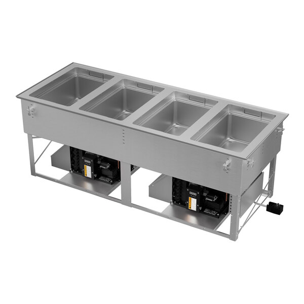 A four-well modular drop-in hot and cold food well with a manual manifold drain, made of stainless steel.