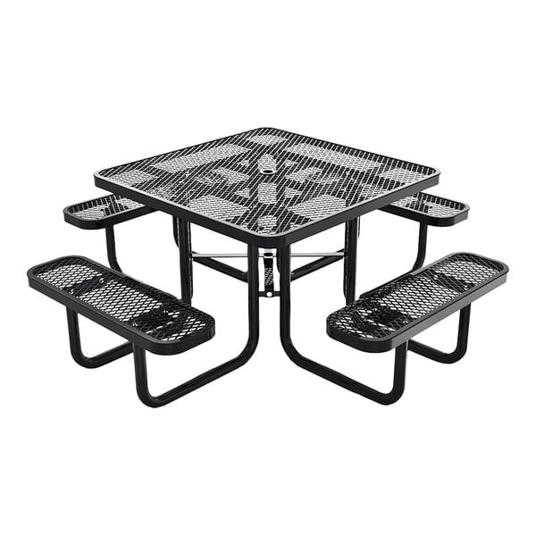 A square black expanded metal picnic table with four attached benches.