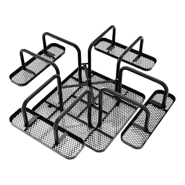 A black expanded metal picnic table with a square design and attached seating.