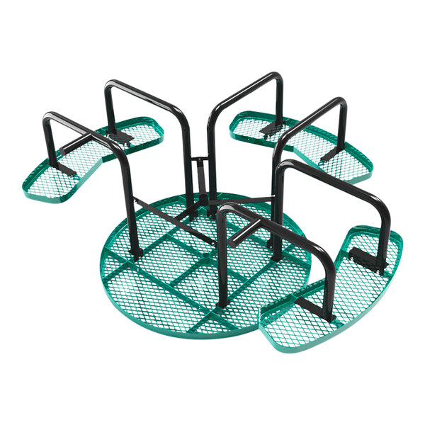A green round expanded metal merry-go-round with black handrails and four seats.