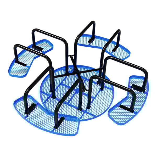 A round blue expanded metal picnic table with attached curved benches and black metal supports.