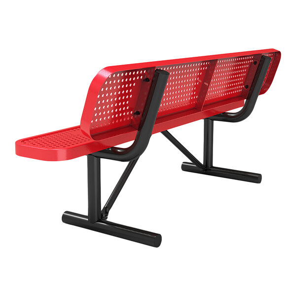 A 6-foot red perforated metal bench with a black metal frame and backrest.
