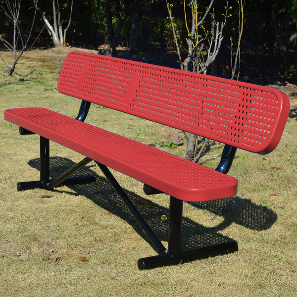 A 6-foot red perforated metal bench with a backrest, designed for outdoor use.