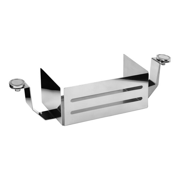 A stainless steel double magnetic fuel holder and wind guard for buffet setups.