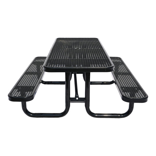 A 6-foot black expanded metal picnic table with attached benches.