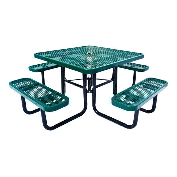 A green square expanded metal picnic table with attached benches and a black metal frame.