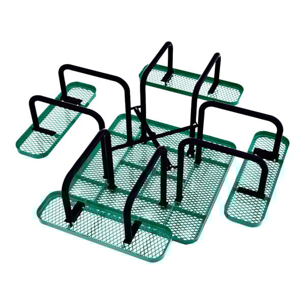 A green square expanded metal picnic table with attached benches and black metal supports.