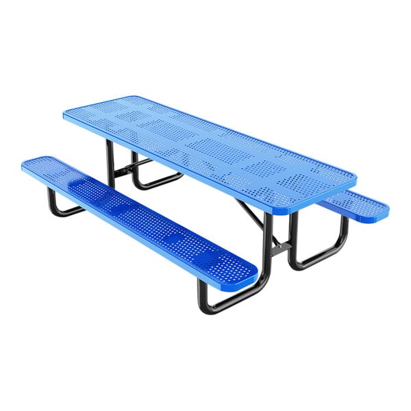 A blue perforated metal picnic table with attached benches and black metal legs.