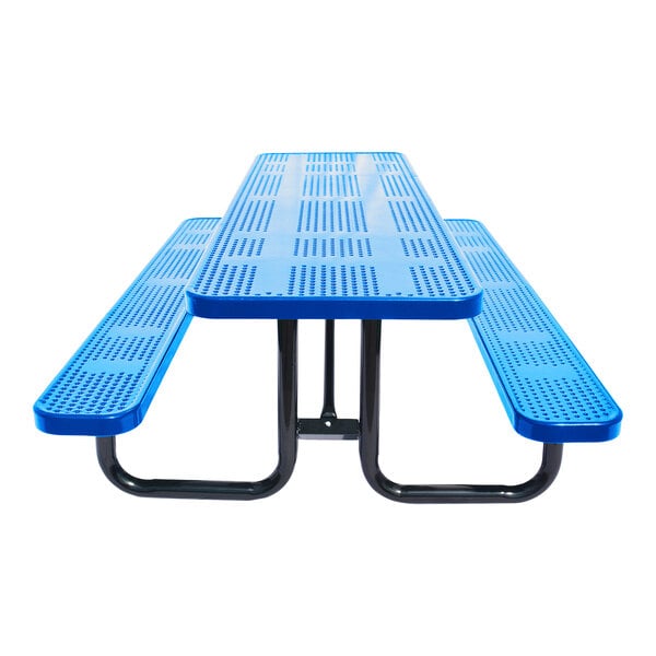 A blue perforated metal picnic table with attached benches and black metal legs.