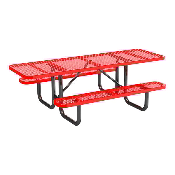 An 8-foot red expanded metal picnic table with attached benches and ADA accessibility features.