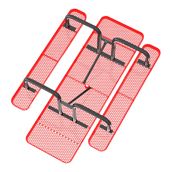 An 8-foot red expanded metal picnic table with ADA accessibility features and attached benches.