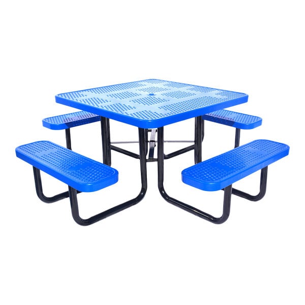 A square blue perforated metal picnic table with attached benches and black metal legs.
