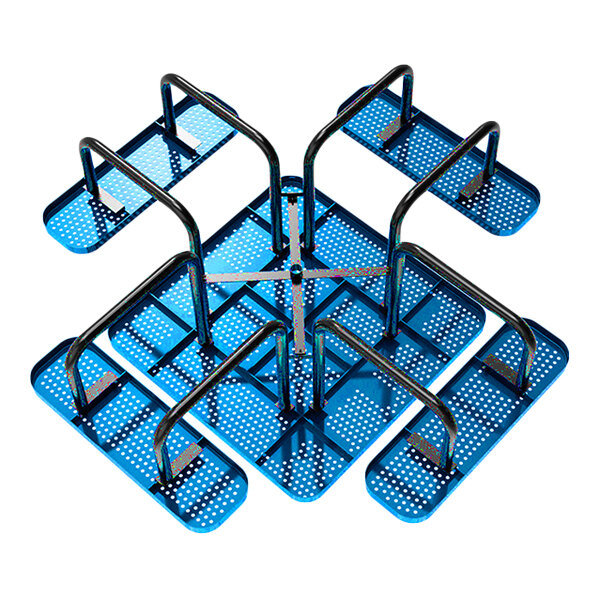 A blue square perforated metal picnic table with four attached benches and black metal supports.