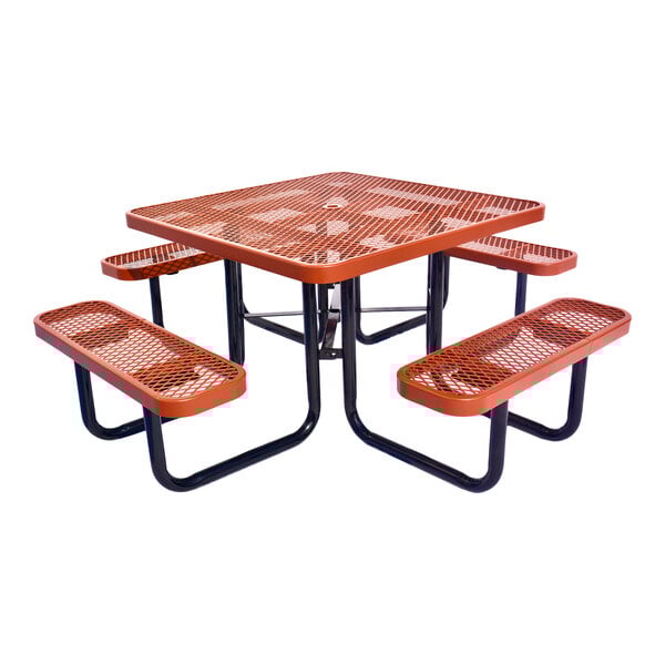 A square brown expanded metal picnic table with attached benches and black metal legs.