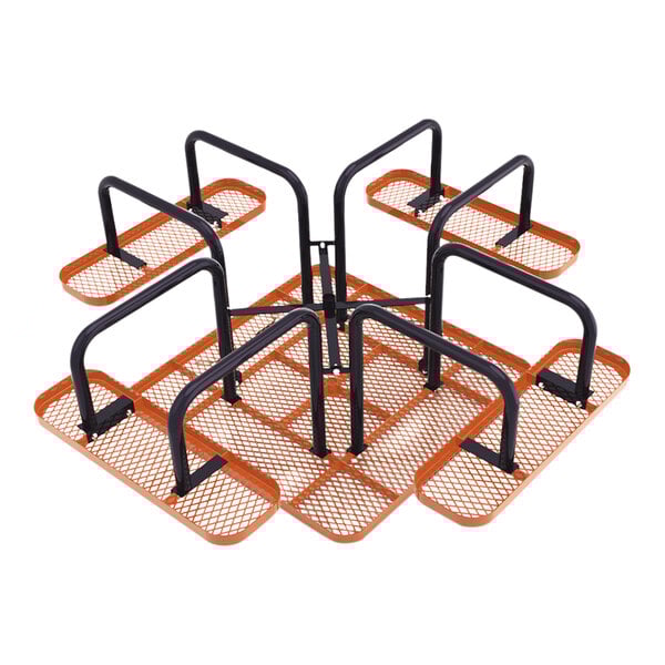 A 46-inch square brown expanded metal picnic table with attached seating and black metal supports.